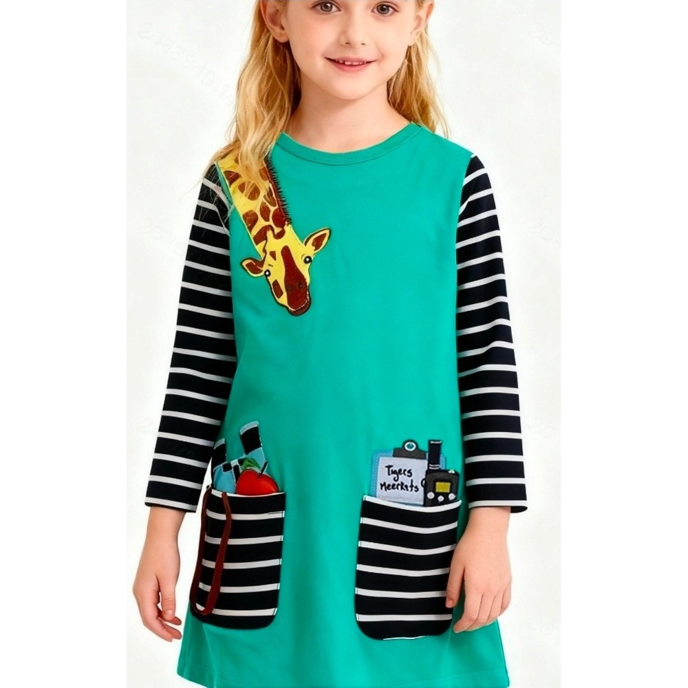 Amazon Zoologist Giraffe Embroidered Teal Striped Long Sleeve Cotton Dress 130cm